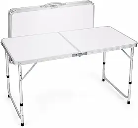 Mesa Dobrável Portátil Vira Maleta Camping Praia 120x60cm Ômega | Dobrável, portátil, altura regulável, formato maleta, alça para transporte