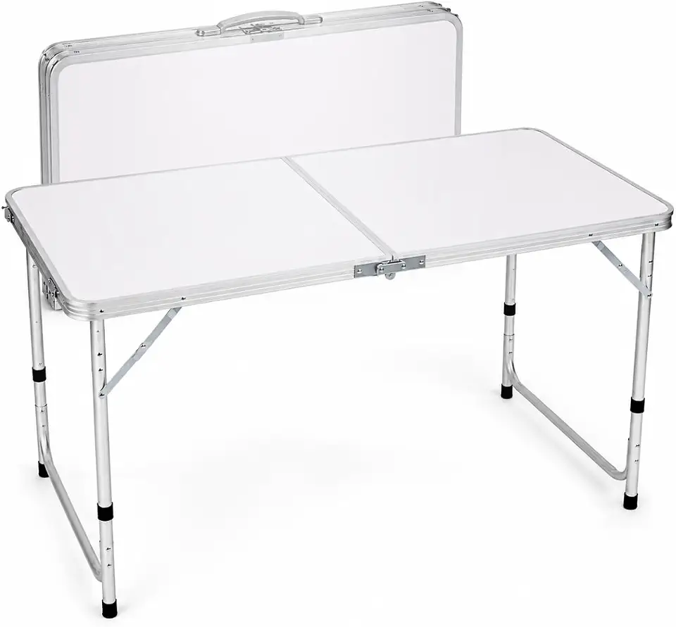 Mesa Dobrável Portátil Vira Maleta Camping Praia 120x60cm Ômega | Dobrável, portátil, altura regulável, formato maleta, alça para transporte