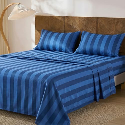 Image of Merryword 100% Cotton Sheet Set Queen Size - Blue and Navy Stripes Bedding, Soft Breathable Percale Weave, Wide Stripe Deep Pocket Sheet 17.5 inch, Luxury Linen Like, 4-Piece All Season Bedding