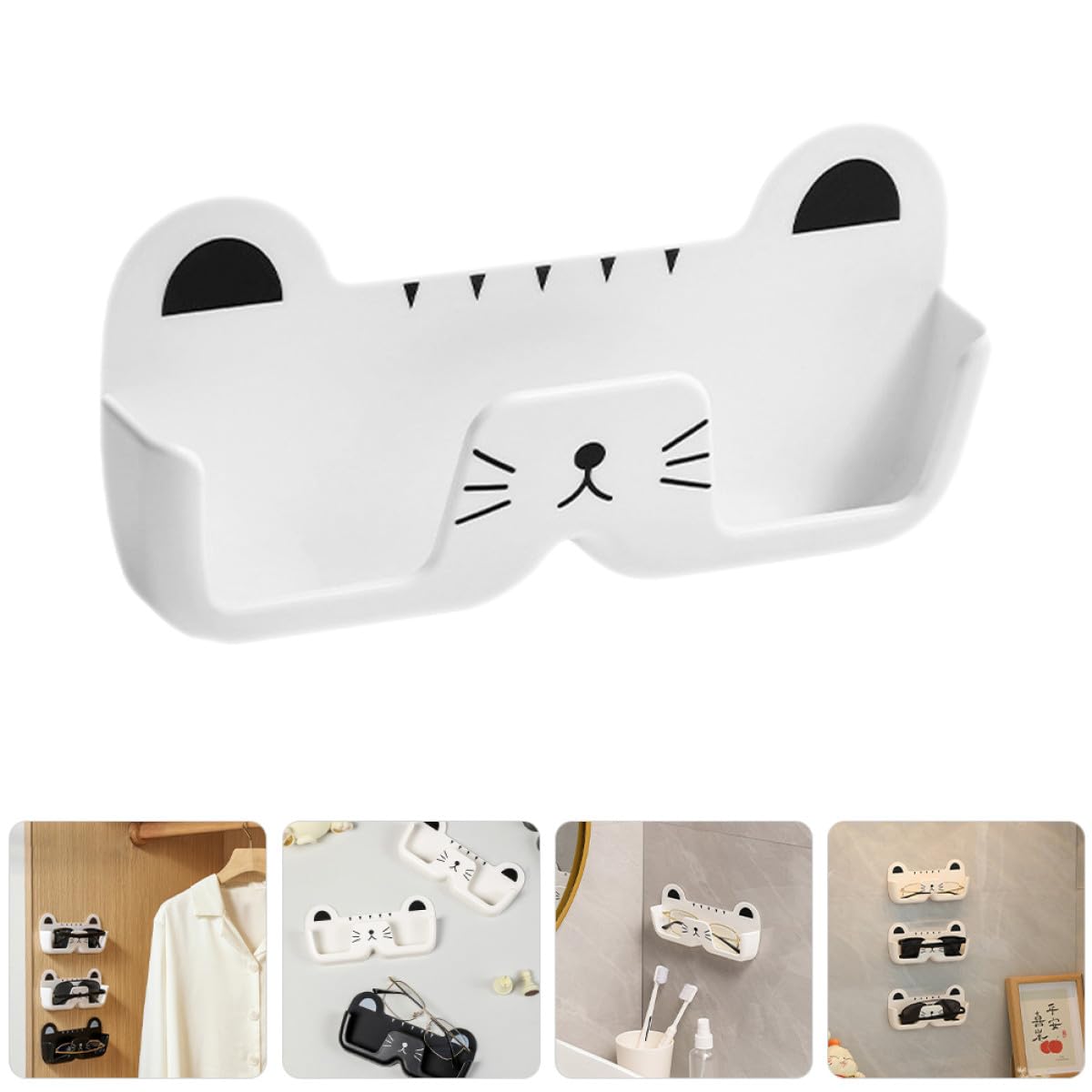UKCOCO Wandmontierter Brillenhalter Katzenform aus Abs Platzsparender Bohrfreier Brillenaufbewahrungsorganizer Praktisches Sonnenbrillen Lesebrillen etui für Zuhause Weiß