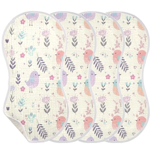 4 Pack Baby Burp Cloths, Soft Absorbent Burping Cloths for Babies, Cotton Milk Spit Up Rags, Large Size for Newborns, Baby Boys and Girls (Pastel Bird Florals)