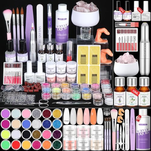 SAVILAND Professional Acrylic Nail Kit with Drill: 6 Colors Acrylic Powder & Liquid Beginner's Starter Set with Essential Oil Nail Primer Dehydrator Nail Tools DIY Home Manicure