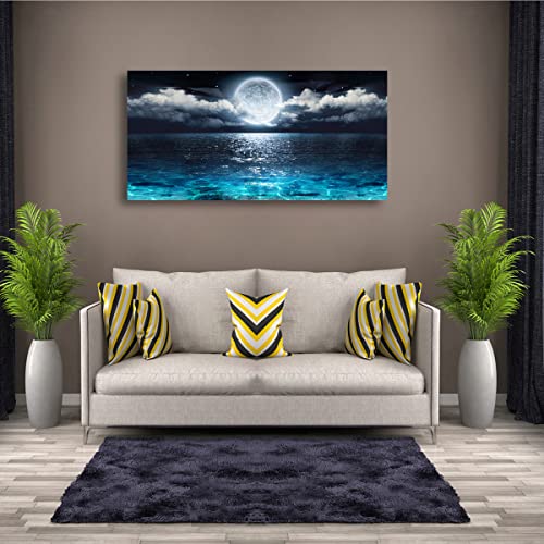 Image of Wall Art Moon Sea Ocean Landscape Picture Canvas Wall Art Print Paintings Modern Artwork for Living Room Wall Decor and Home Decor Framed Ready to Hang,28x57inches,1inch Thick Frame,Waterproof Artwork