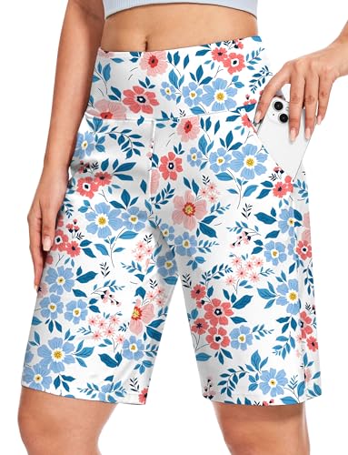 Blouty Women's 9' Bermuda Long Shorts Knee Length with Pockets High Waisted Shorts for Women Lounge Walking Athletic (Pink Flower, X-Large)
