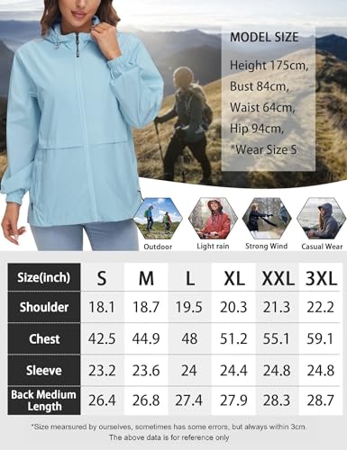 IECCP Damen Wasserdichte Regenjacke mit Kapuze Leicht Atmungsaktive Windbreaker Jacke Hellblau M