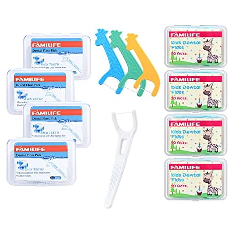 FAMILIFE Kid's Dental Floss Picks Without Fluoride,4 Travel Handy Cases Unflavored Flosser 120 Picks and Back Teeth Toothpicks Flossing Flossers Threaders Sticks with 4 Travel Handy Cases 120 Count Cover