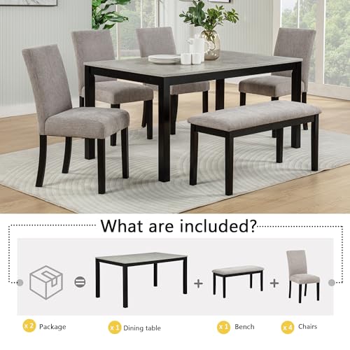 Image of KEIKI 6-Piece Standard Height Dining Table Set with Rectangular Table, 4 Upholstered Curved Backrset Chair, Bench, for 6 Person, Modern Table Set, Easy Assembly, for Kitchen, Dining Room, Black+Gray