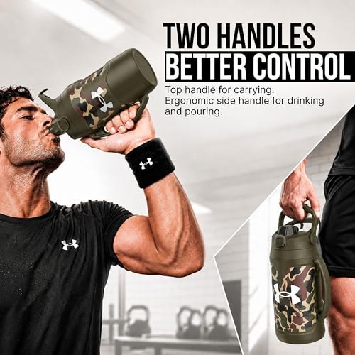 Image of Under Armour Insulated Water Bottle with Handle & Fence Hook, Half Gallon Sports Water Jug, Leak-Resistant & BPA-Free for Baseball, Football & Gym - Green Hyper Camo, 64oz