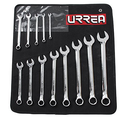 Urrea 6-Point Combination Wrench Set - 13-Piece (1/4" - 1") Mechanics Tool Kit With Roll-Up Storage Pouch & Fully Polished Nickel-Chrome Finish - 1200Dh #TOP11