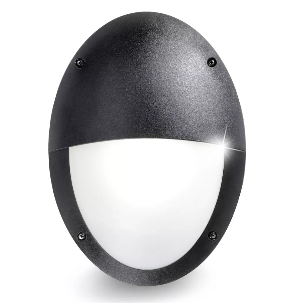 Britalia Black Outdoor Modern Oval Flush Vertical Eyelid Bulkhead Wall Light | Opal Diffuser | 33Cm Length | Ip66 Rated | 1 X Es E27 Lamp Required | Garden - Patio - Security | Polycarbonate Resin Coastal