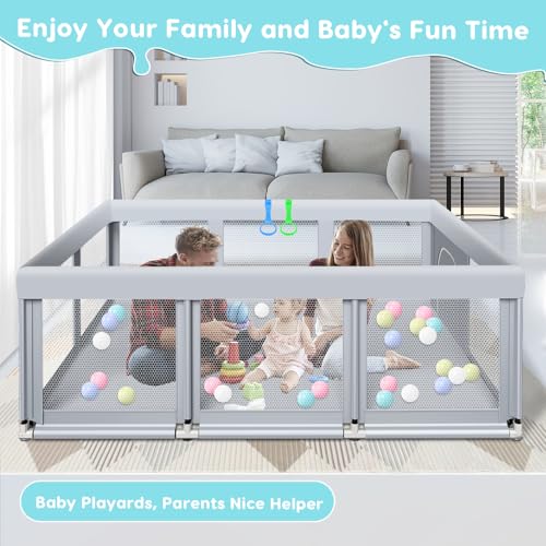 Image of Fshibila 74 inch x50 inch Large Baby Playpen, Baby Playard for Babies and Toddlers, PlayPen for Indoor & Outdoor, Sturdy Safety Play Yard with Soft Breathable Mesh, Anti-Fall, Ball x 18, Handle x 2, Grey