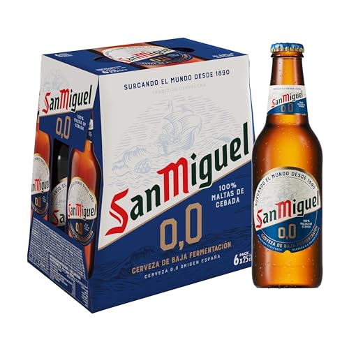 San Miguel 0,0, Pack de 6 Botellas x 250ml, Cerveza Sin Alcohol, Cerveza Pils Dorada Ligera y Refrescante, 0.0% Volumen Alcohol