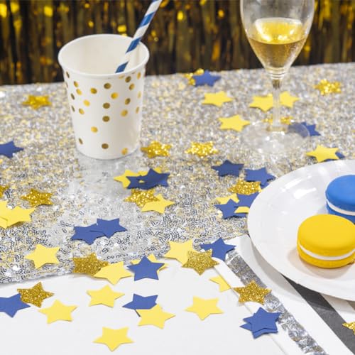 Image of MOWO Gold Blue Yellow Star Confetti Table Decoration, 1.2 inch, 200pc | Graduation, Birthday, Retirement, Eid Ramadan Festival Theme Party