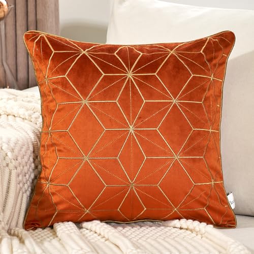 Aeckself Orange Gold Throw Pillow Cover 18 x 18 Inch, Luxury Velvet Embroidery Geometric Plaid Stripes Pillow Cover Modern Square Pillowcase for Couch Living Room Bedroom