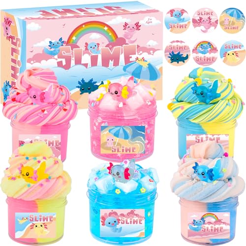 6 Pack Axolotl Slime Kit, Cloud, Butter & Clear, Slime Party Favors for Kids with Axolotl Charms, Soft and Stretchy, Slime for Girls & Boys, Classroom Rewards, Birthday Gifts