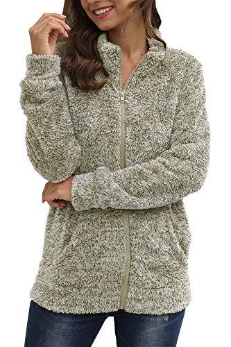 Sherpa Coat for Womens Warm Fuzzy Pockets Fluffy  Fleece Full Zip Long Jacket Grey # S
