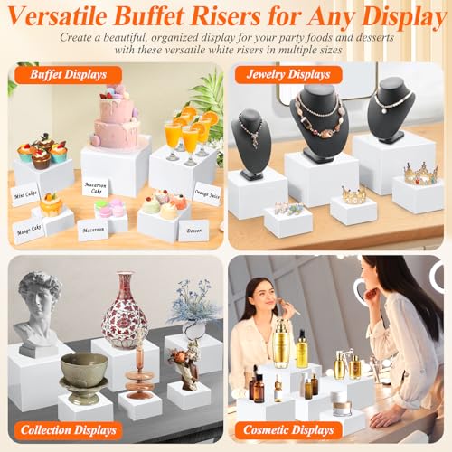 10 Pcs White Acrylic Buffet Risers with Mini Sign and Marker, Food Display Stands for Buffet Table Party Catering Dessert Jewelry Collectibles, Acrylic Cube Nesting Boxes with Hollow Bottoms 8 Sizes (10" 9" 8" 7" 6" 5" 4" 4" 3" 3") by Qinzave - Image 4