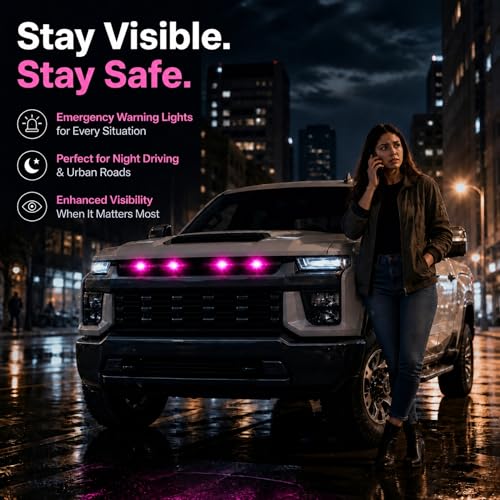Image of Car Front Grill Set of 4 Pcs Universal Smoked Shell Style DRL Emergency Warning Off-Roading Lights (4 X 4) for All Cars, Vans, SUV, Trucks (Pink)