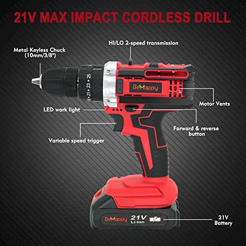 Behappy Cordless Drill Set, 21V Power Drill Set, Electric Drill Kit With 2 Batteries And Charger, 25+3 Torque Setting, 2 Speed, 315 In-Lb, Led, And 63Pcs Drill Bit, Impact Drill Set For Home, Diy #TOP1
