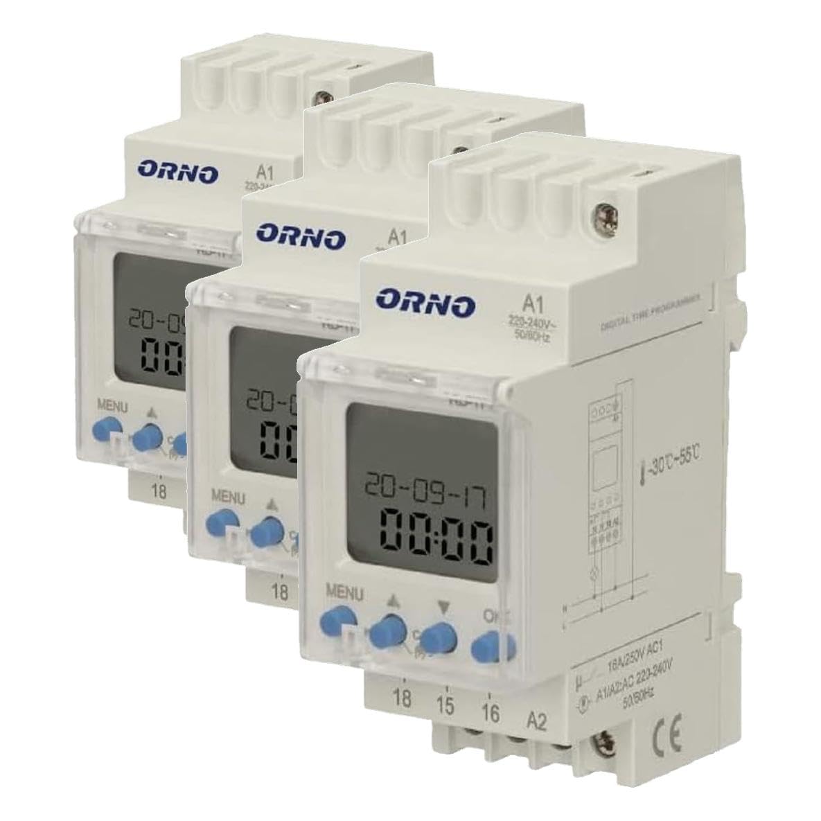 ORNO PRE-450 Interruttore Astronomico Orario 52 Programmi 1 Pausa Notturna Uscita a relè max.16A/230V 2 Moduli DIN TH-35mm (Confezione da 3)