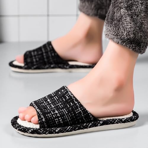 AiJiaTu Unisex Adult Black Cotton Linen Blend Slippers, Open-Toe, Flat Heel, Size 8.5-9 Women/7-7.5 Men3