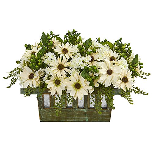 Arreglo de Margaritas Casi Natural en Maceta Decorativa Planta Artificial, Color Crema