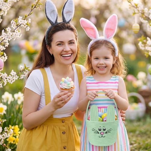 Image of Teenyyou Woven Easter Baskets Woven Bunny Baskets with Handles Eggs Hunt Bucket Rabbit Cotton Rope Basket Baby's First Easter Basket Gift for Toddler Boys Girls(Macaron Green)