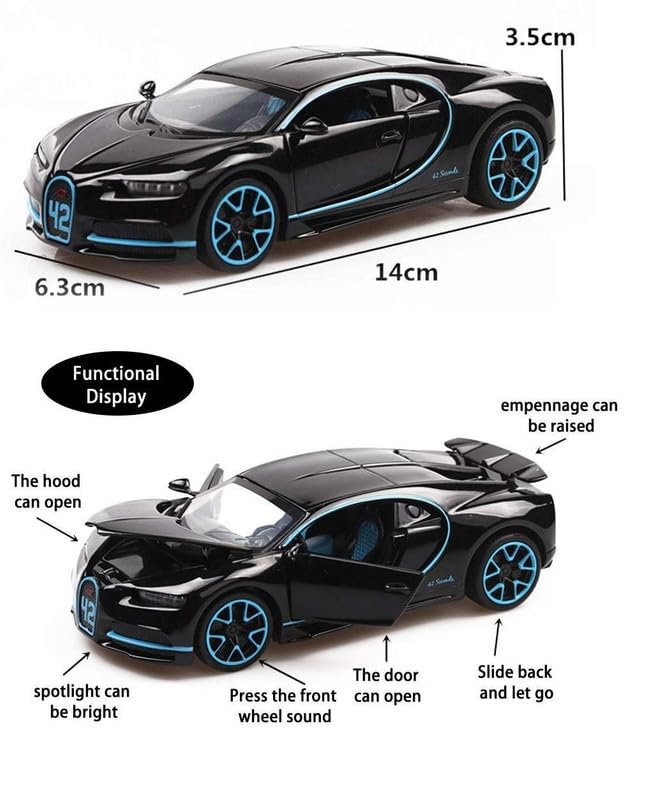 Image of Kids Model 1:32 Bugatti Chiron Die Cast Metal Car Pull Back Action Opening Doors with Realistic Engine Sound Lights Toy Car Gift for Boys - Black