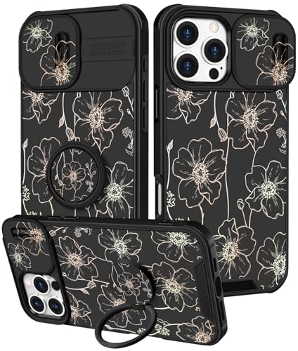 Image of Funermei for iPhone 16 Pro Max Case - Women Girls Cute Phone Cover Girly Pretty Aesthetic Black Floral Flower Unique Design with Camera Cover Funda for Apple for iPhone 16 Pro Max