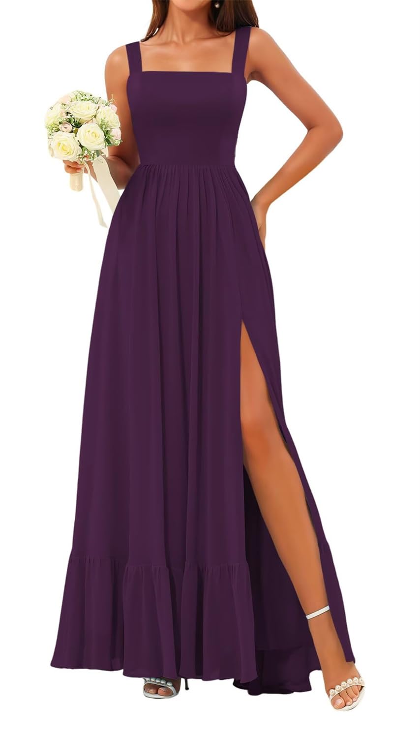 HPPEE Plum Bridesmaid Dresses for Women with Slit Ruched Square Neck Chiffon Maid of Honor Long Formal Dress UK18