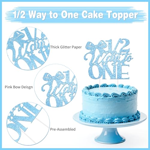 Image of 1 /2 Birthday Girl Half Birthday Decorations - blue Bow It's My 1 /2 Birth Banner, Glitter Cake Topper, Ribbon Bow Wood Bead High Chair Banner & Cone Hat, Halfway to One Baby Girl Party Supplies(Blue)