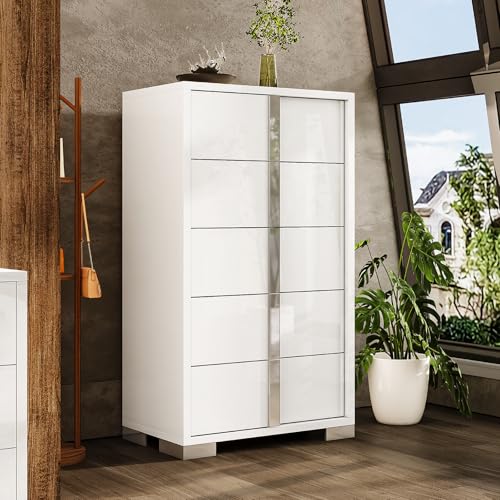 Image of AMERLIFE 50.2 inch H Modern 5 Drawer Dresser, Glossy Surface Chest of Drawers, Large Storage Organizer for Bedroom, Living Room, Cloakroom, Luxury, White
