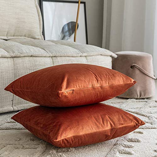 Image of Set of 2 Comfortable Velvet Throw Pillow Cases Decorative Solid Cushion Covers for Sofa Couch and Bed - 20 inchx20 inch, Rust