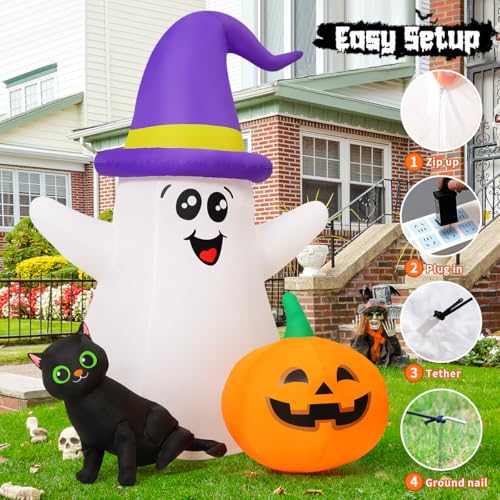 Image of GOOSH 5 FT Halloween Inflatables Ghost Outdoor Decorations Blow Up Yard Cute Wizard Ghost with Black Cat Pumpkin with Built-in LEDs for Garden Lawn Indoor Party Decor