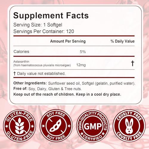Astaxanthin 12mg, 120 Weichkapseln (4 Monatsvorrat) | aus Haematococcus Pluvialis Mikroalgen | Fördert Augen, Haut & Gelenkgesundheit | GMO-frei & Glutenfrei