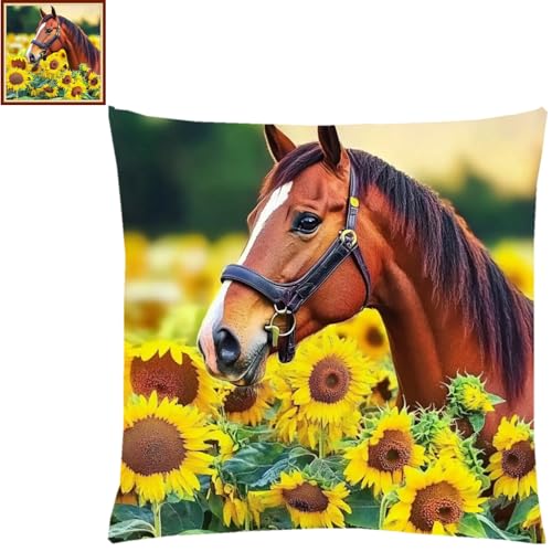 Image of Lovxvouy Pillow Cross Stitch Kits for Adults Beginners-Preprinted Needlepoint Kit Stamped Crossstitching Kits 11CT Cross-Stitch Kit Stitches Kit Embroidery Kits-Sunflower and Steed 18x18 inchs