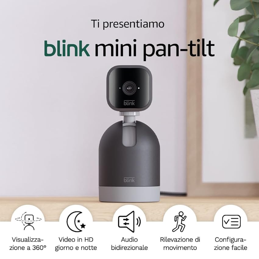 Blink Mini Pan-Tilt Camera | Videocamera intelligente di sicurezza, da interni, plug-in, audio bidirezionale, video HD, rilevazione di movimento, funziona con Alexa | Nero