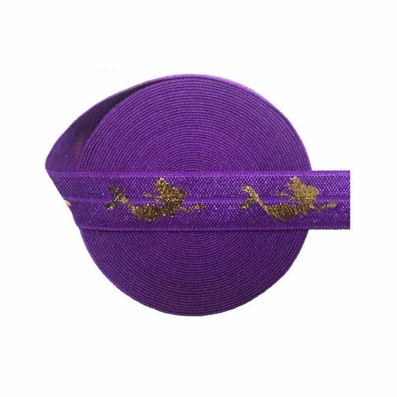 Banda elástica plegable de elastano con estampado de sirena dorada, 15 mm, cinta elástica para el pelo, cinta para el pelo, cinta para el pelo, ribete de costura, color morado, 15 mm-50 yardas