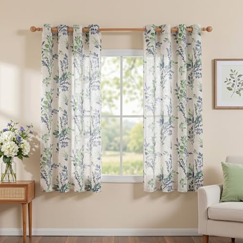 Image of MYSKY HOME Floral Linen Curtains 54 inch Length 2 Panels Set Leaf Patterned Semi Sheer Light Filtering Privacy Farmhouse Grommet Drapes for Bedroom Small Window, 52 inch Wide Each Panel, Green