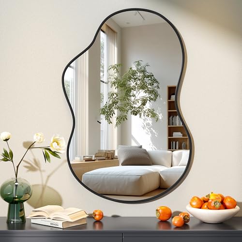 Hasipu Unregelmäßiger Wandspiegel Asymmetrischer Spiegel, 60 x 90 cm Dekorativer Spiegel für Schlafzimmer Badezimmer Wohnzimmer Eingangsbereich, Moderne Wanddekoration, Schwarz Rahmen