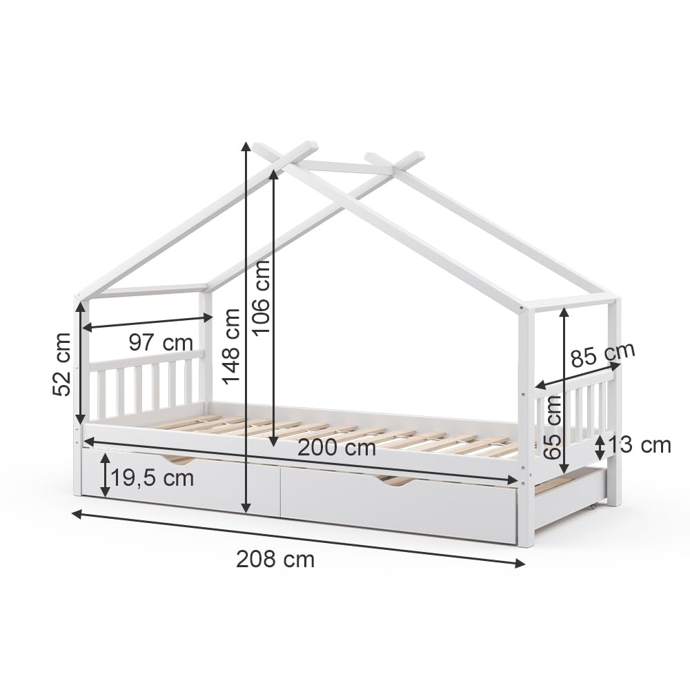 VitaliSpa Cama en Forma de casa Design, Blanco, 90x200 cm | con cama de invitados, con barrera de protección anticaídas y somier para un descanso seguro