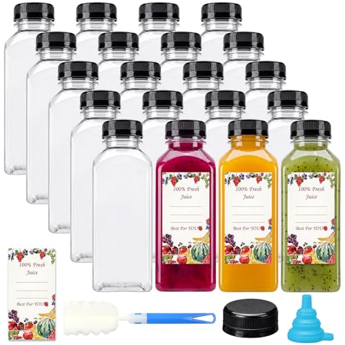 SUPERLELE 20pcs 12oz Plastic Juice Bottles with Caps, Reusable Juicing Bottles, Clear Drink Containers with Lids for Juicing, Smoothie and Other Beverages