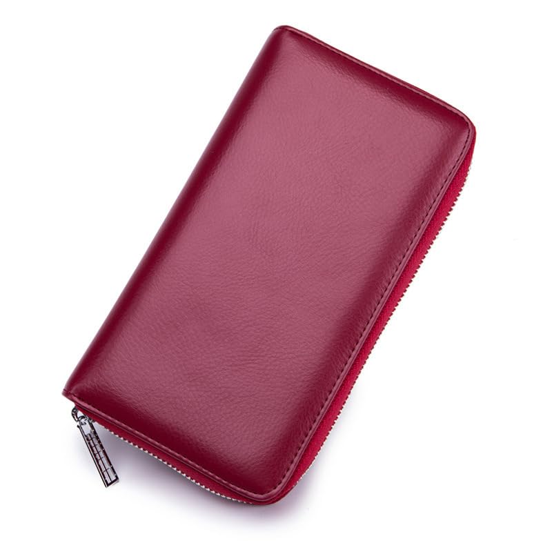 Women Leather Long Wallet Multi Card Slots RFID Travel Passport Wallet Accordion Wallet with Zipper (Wine red)
