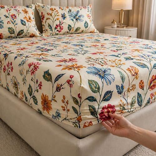 Image of Castiqa Elastic Fitted Supersoft Premium Polycotton 200TC Queen Size Bedsheets with 2 Pillow Covers (Fits Upto Mattress of 8Inches) (Queen (60x78), Multicolor Paint)