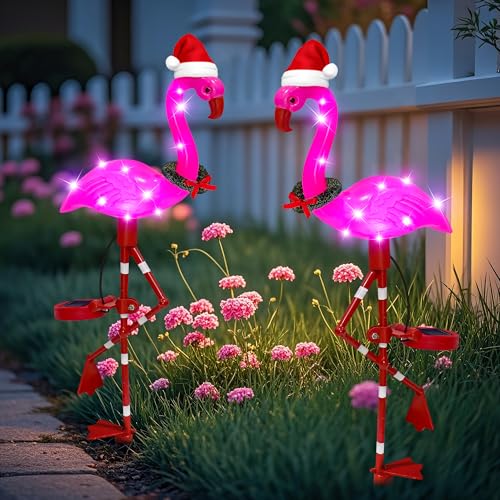 EDOF Solar Garden Lights Flamingo Decorations Outdoor Waterproof 2 Packs Solar Flamingo Light Garden Decor Pink Flamingo Statue Decorative Figurine Lights for Yard Art Patio Porch Lawn