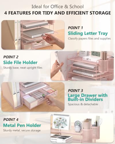 Image of WALI Desk File Organizer, 5 Tier Desktop Paper Letter Tray Organizer with Drawer and 2 Pen Holders, Office Desk Accessories & Workspace Organizers for Office, Home Supplies(DO006DH-P), 1 Pack, Pink