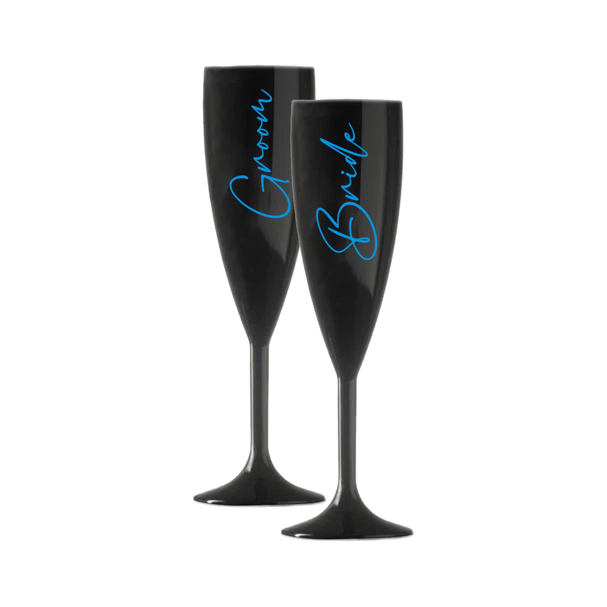 Print Maniacs Champagne Premium Black Flute Glass Bride Groom Mr Mrs Wedding Maid Honour Wine Cocktail Prosecco Celebrations Gift (Blue, Bride + Groom Set)
