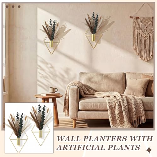 Image of Jexine 4 Pcs Hanging Planters with Artificial Pampas Grass Metal Hanging Vase Indoor Plants Holder Modern Geometric Boho Bathroom Wall Decor for Living Room Home Office (Gloden)