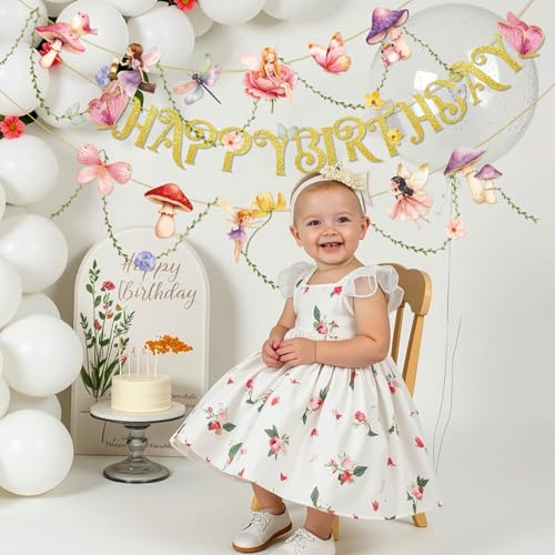 Image of SUNBEAUTY Fairy Birthday Party Banner Fairy Party Decorations Fairy First Birthday Party Decorations for Girls Women Flower Mushroom Garland Leaf Vine String for Baby Shower Wonderland Spring Summer Garden Tea Party