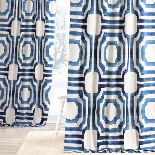 Image of HPD Half Price Drapes Geometric Printed Curtains 120 Inches Long Luxury Cotton Curtains (1 Panel) Room Darkening Window Curtains for Bedroom & Living Room, 50W x 120L, Mecca Geometric Blue